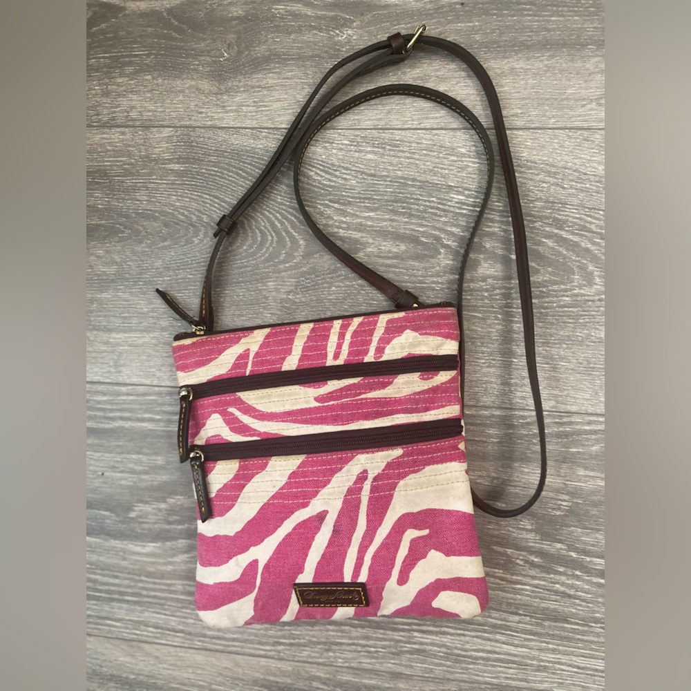 Dooney & Bourke Pink & White Zebra Print Triple Zip Crossbody Bag Leather Strap